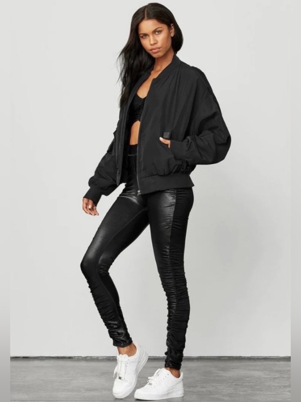 NWT Alo Yoga High Waist Cinched Leggings Black Shine Medium Moto Chic Y2K Edgy